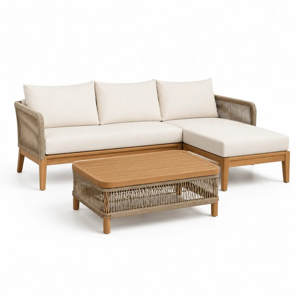 3-teiliges Gartensofa Set mit Chaiselongue und Couchtisch Akazienholz Polypropylen Geflecht Beige 215 x 145 x 78 cm