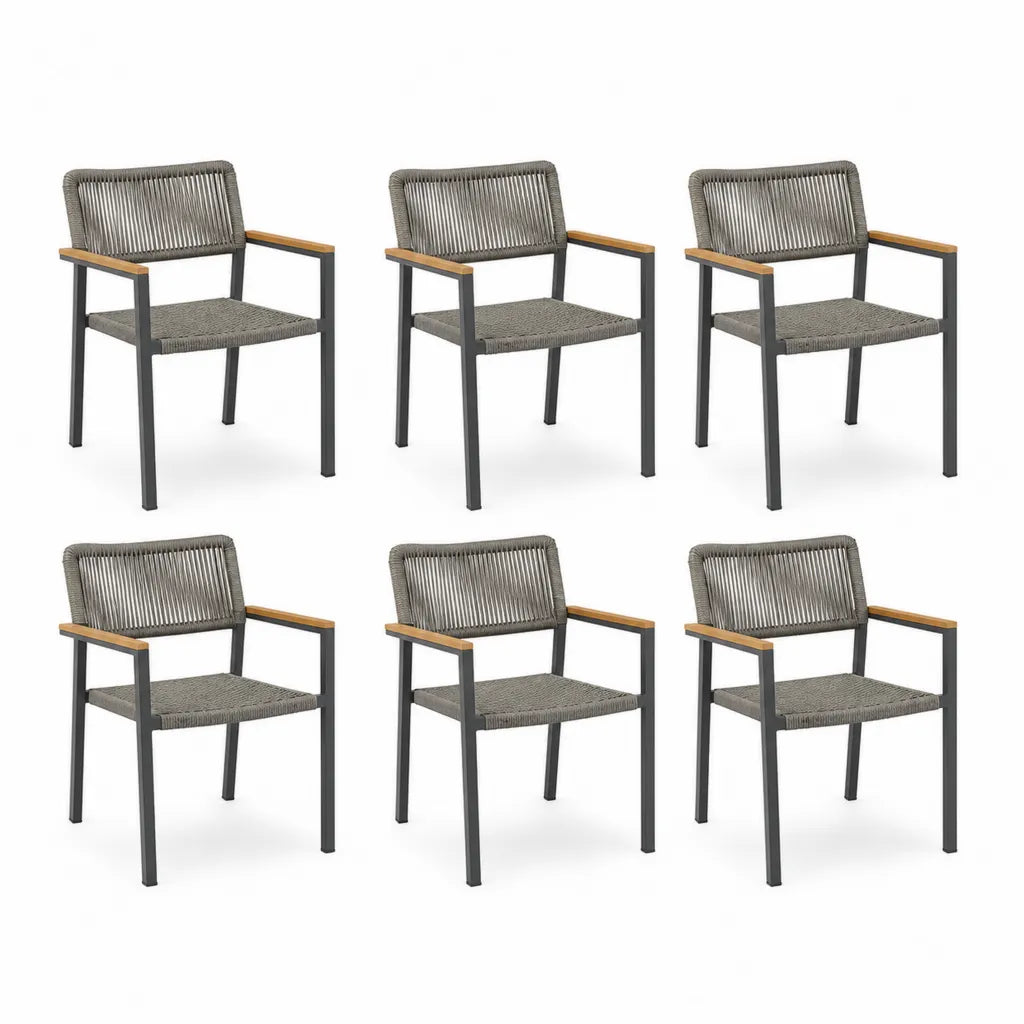6er Set Gartenstuhle mit Armlehnen 57 x 60 x 84 cm Stahl PE-Geflecht Akazienholz Grau Schwarz