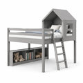 Kinder Hochbett Hausbett 90 x 200 cm aus massivem Kiefernholz Grau mit Leiter und Regal