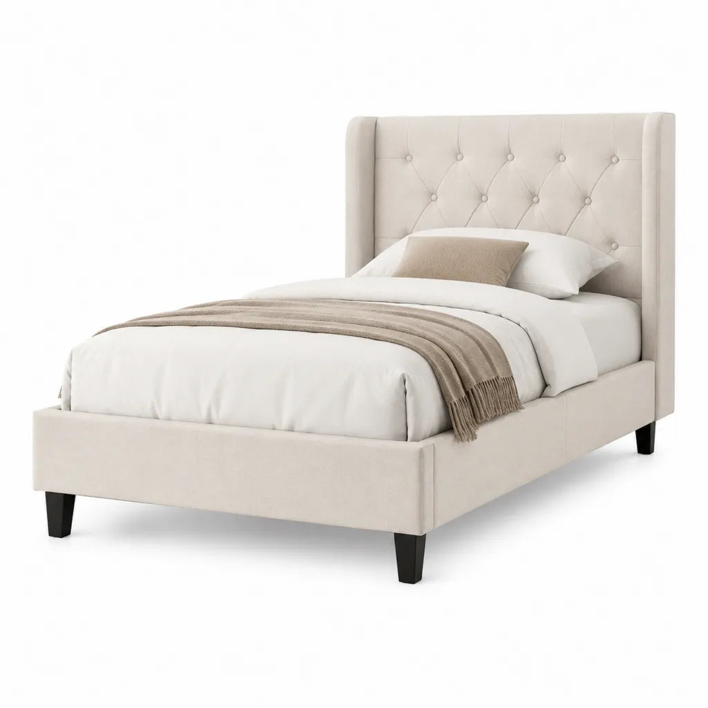 Polsterbett Einzelbett 90 x 200 cm mit gepolstertem Knopfheftungs-Kopfteil Polyester Beige