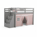 Kinderhochbett 90 x 200 cm mit Treppe Stauraum und Vorhang aus Kiefernholz rechteckig Grau Rosa