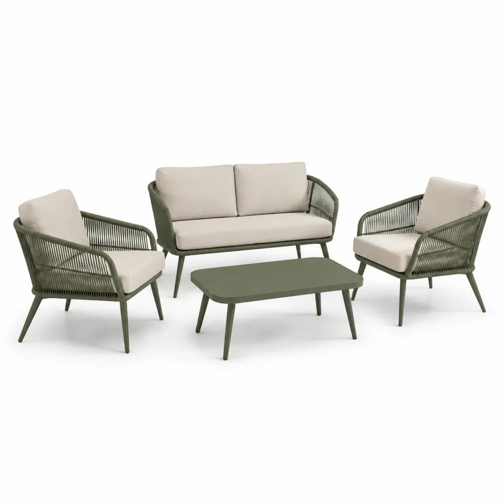 4-teiliges Gartenlounge Set mit 2 Sesseln 2-Sitzer Sofa und Couchtisch aus pulverbeschichtetem Stahl und Polyesterseil Olivgrun Beige Sofa 130 x 75 x 78 cm