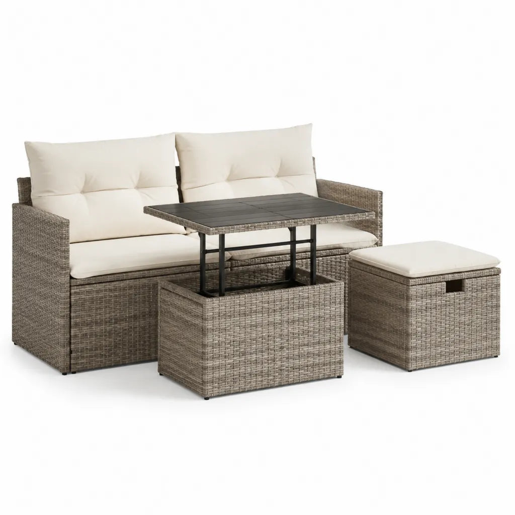 Gartensofa Set 3-teilig mit hohenverstellbarem Tisch PE-Rattan rechteckig Taupe Creme 129 x 65 x 76 cm
