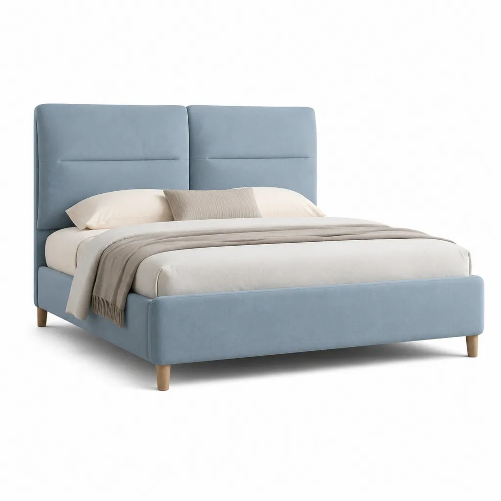 Polsterbett Bettgestell 160 x 200 cm mit Polyester-Samtbezug Massivholzfussen rechteckig Hellblau