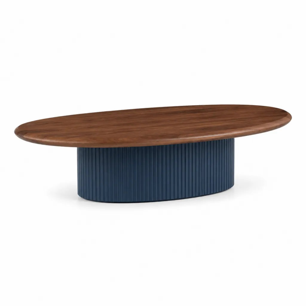 Couchtisch oval 120 x 60 x 40 cm MDF Walnussoptik Dunkelblau