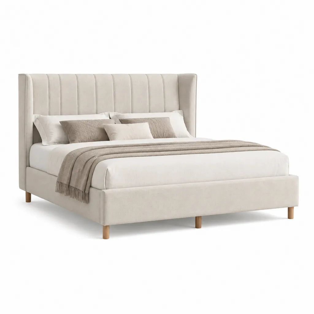Polsterbett Doppelbett 180 x 200 cm mit gepolstertem Kopfteil aus Polyester in Beige