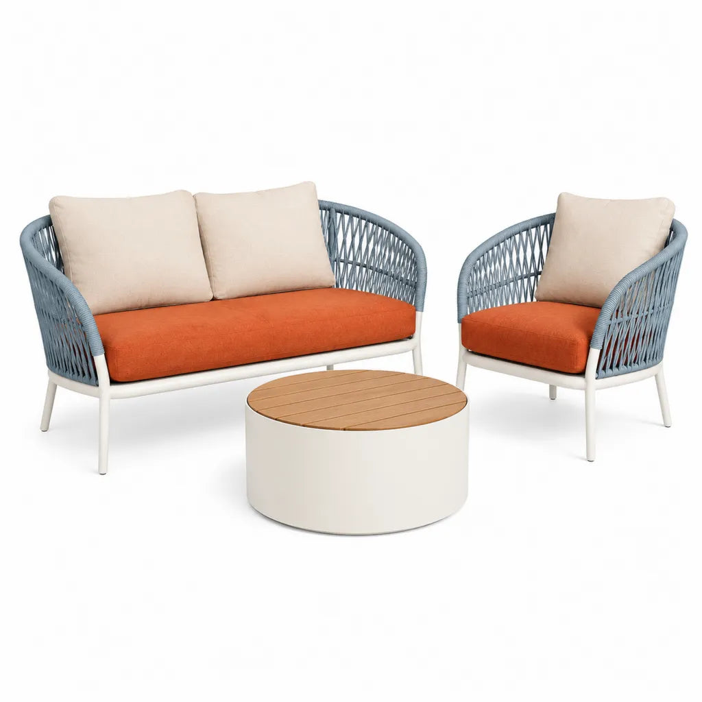 3-teiliges Gartenlounge-Set mit 2-Sitzer Sofa Sessel und rundem Couchtisch Aluminium PE-Geflecht Orange Beige Grau 145 x 75 x 78 cm