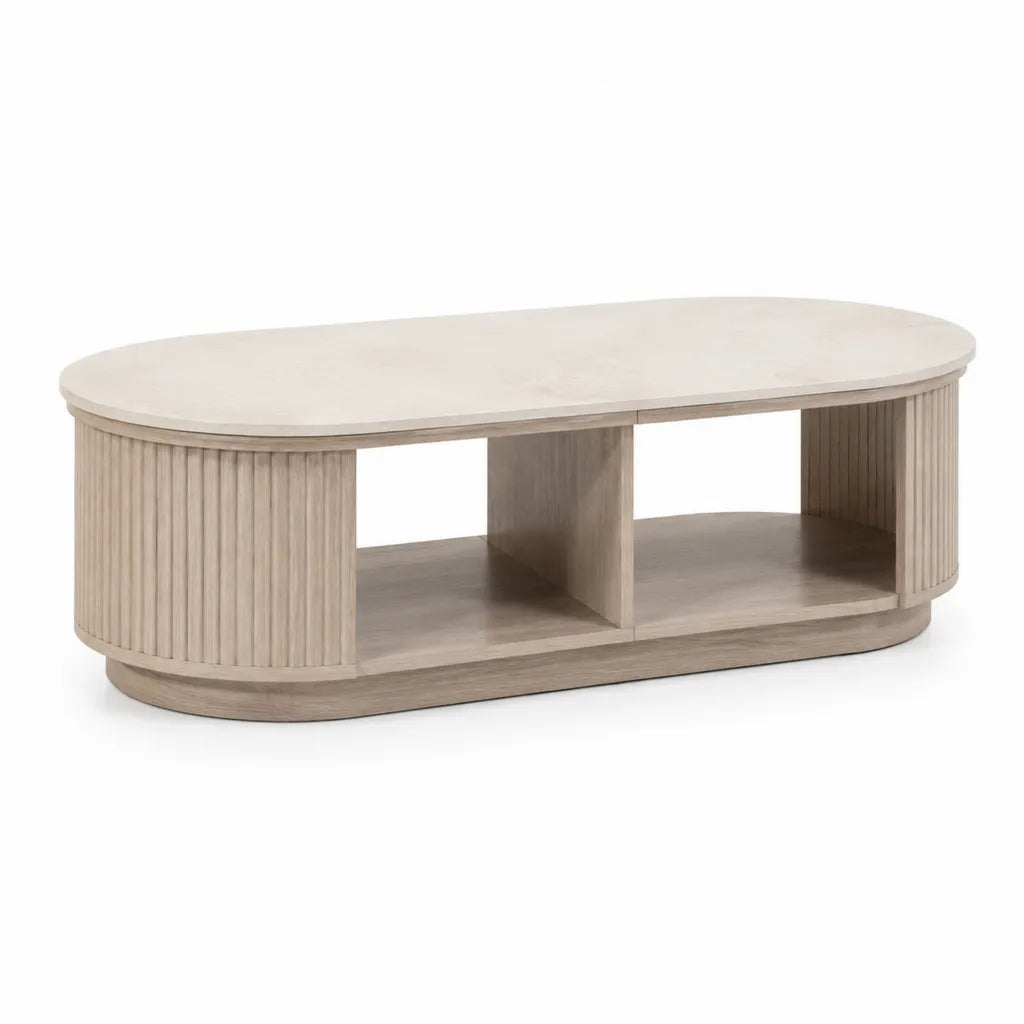 Couchtisch oval 120 x 60 x 45 cm aus MDF mit Melaminharzbeschichtung in Hellbeige