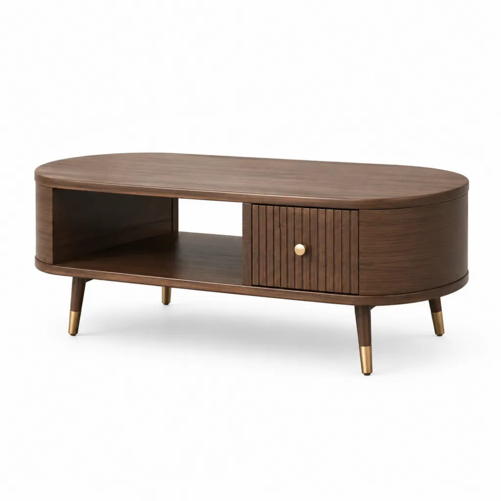 Couchtisch 120 x 60 x 45 cm aus MDF mit Walnussfurnier oval in Dunkelbraun mit Stauraum