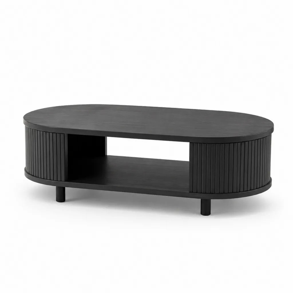 Couchtisch aus MDF oval Schwarz 120 x 60 x 40 cm mit Schiebeturen und Ablagefach