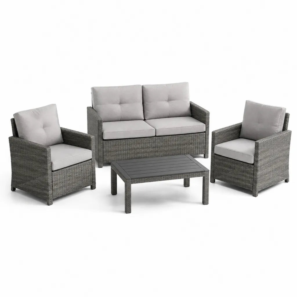 4-teiliges Gartenlounge-Set aus PE-Rattan Grau mit Polyesterkissen rechteckigem Tisch 2-Sitzer 124 x 68 x 77 cm Sessel 66 x 68 x 77 cm Tisch 100 x 50 x 40 cm
