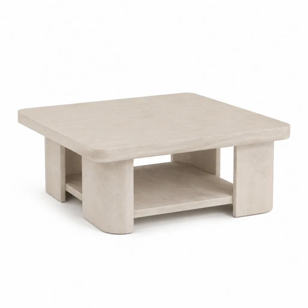 Couchtisch quadratisch 100 x 100 x 40 cm aus MDF mit Steinoptik in Creme