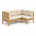 Garten Ecksofa 3-Sitzer L-formig aus massivem Akazienholz Natur mit cremefarbenen Polyesterkissen 190 x 190 x 65 cm