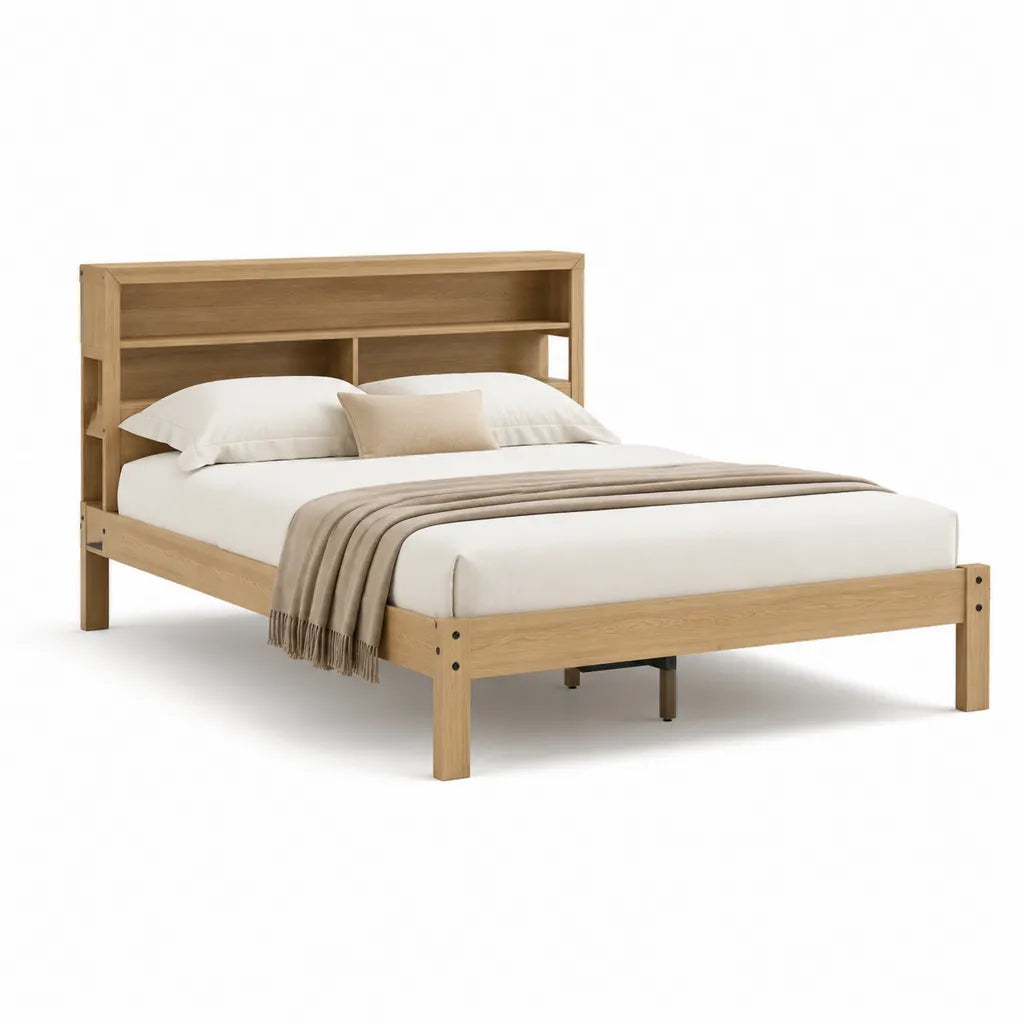 Massivholzbett Doppelbett mit Regal Kopfteil 160 x 200 cm Kiefernholz rechteckig Natur