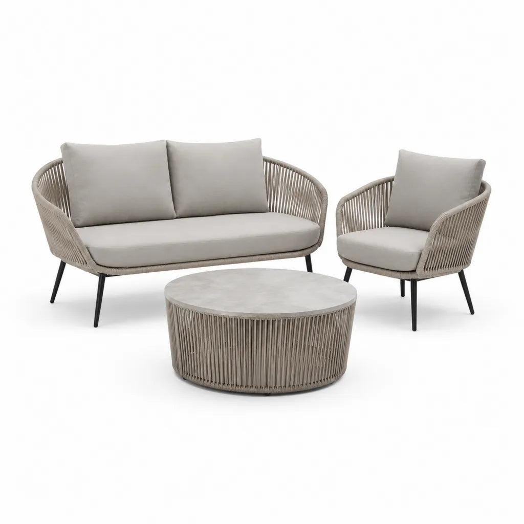 Gartenmobel Set 3-teilig mit Gartensofa Sessel und rundem Couchtisch aus PE-Geflecht Stahl Polyester in Greige 140 x 75 x 76 cm
