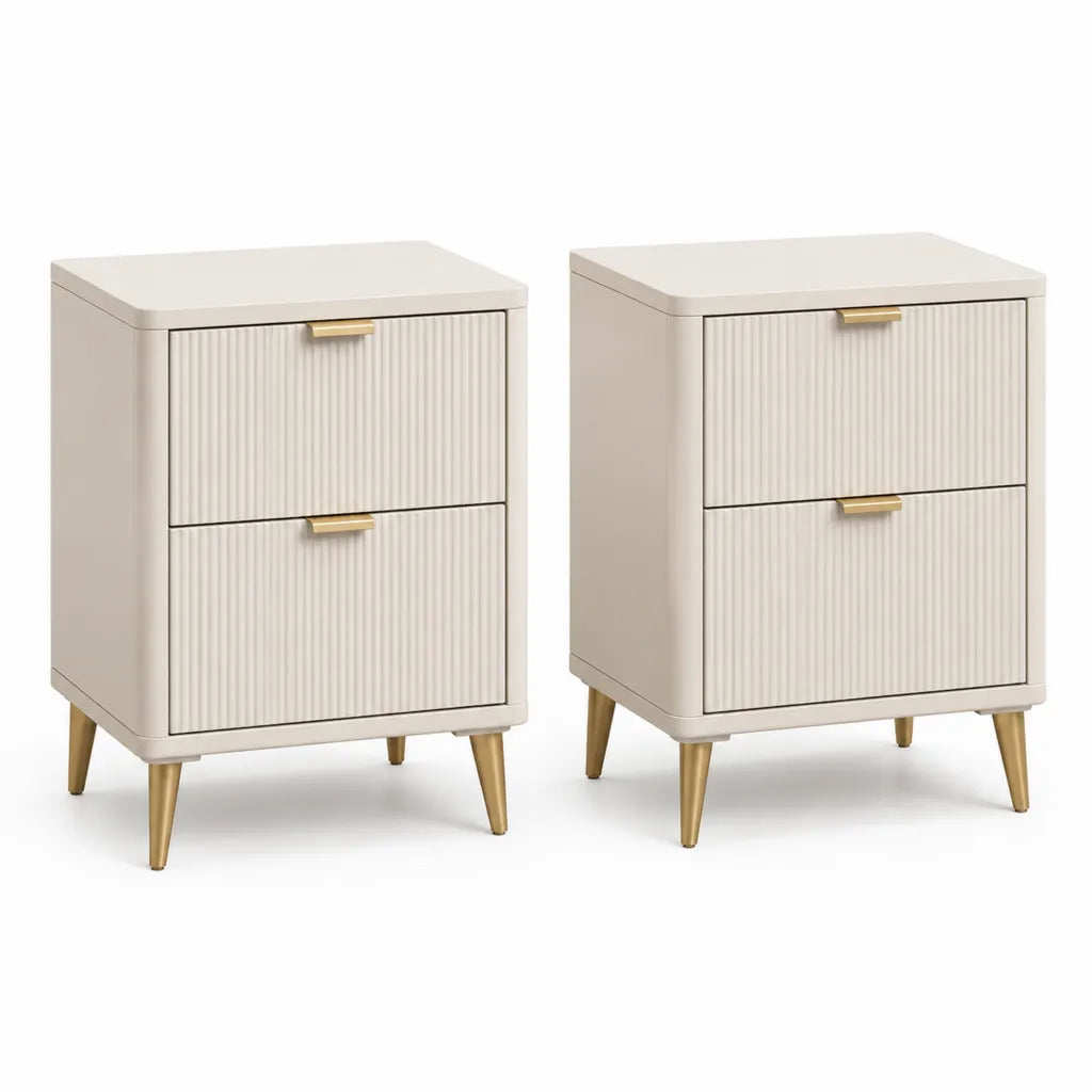 2er-Set Nachttische mit 2 Schubladen MDF geriffelte Front rechteckig cremeweiss goldfarben 45 x 40 x 60 cm