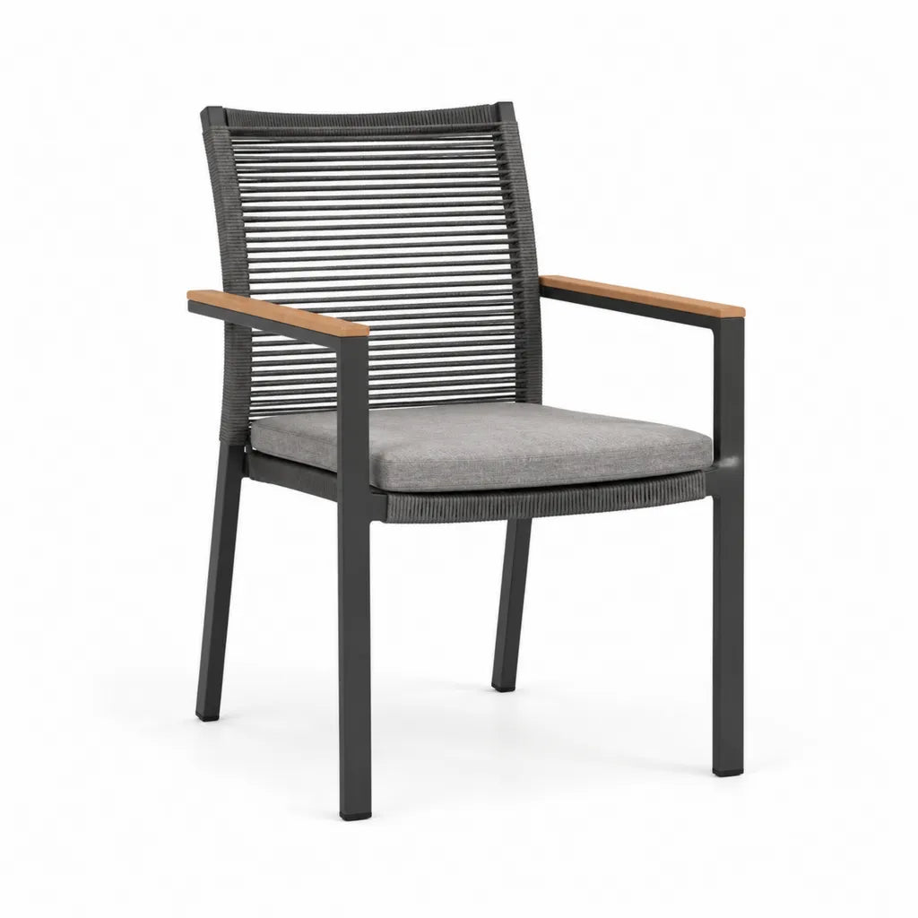 Gartenstuhl mit Armlehnen Aluminium PP-Kordel Akazienholz Grau Schwarz 62 x 60 x 88 cm