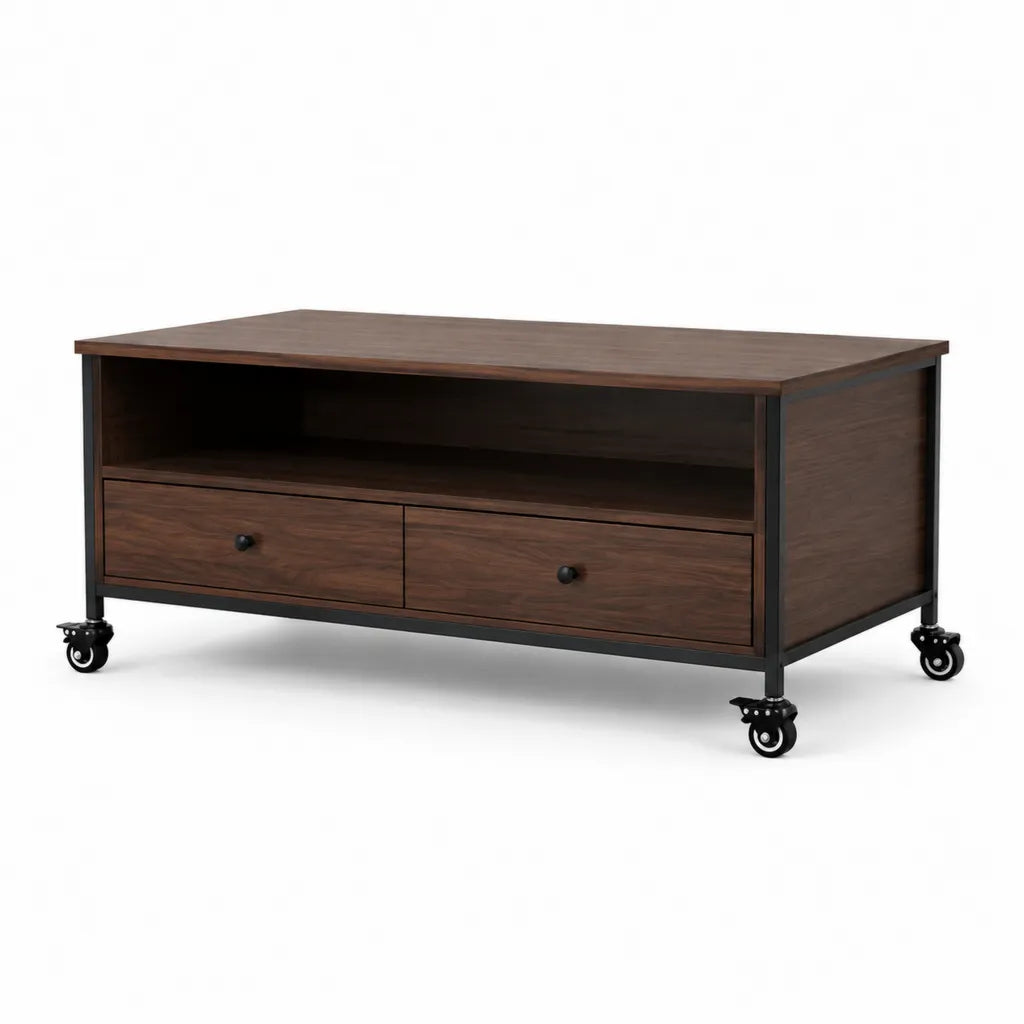 Couchtisch mit 2 Schubladen und Rollen 100 x 50 x 45 cm MDF Stahl rechteckig Nussbraun Schwarz