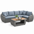 Gartenlounge Ecksofa Set L-Form 245 x 185 cm mit PE-Rattan Stahlrahmen und Akazienholz Tisch Grau