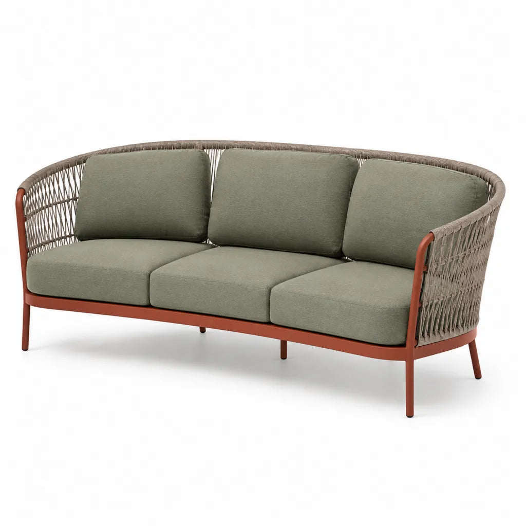 3-Sitzer Gartensofa 210 x 80 x 78 cm mit pulverbeschichtetem Stahlgestell PE-Kordel und Polyesterkissen Olivgrun Rostbraun