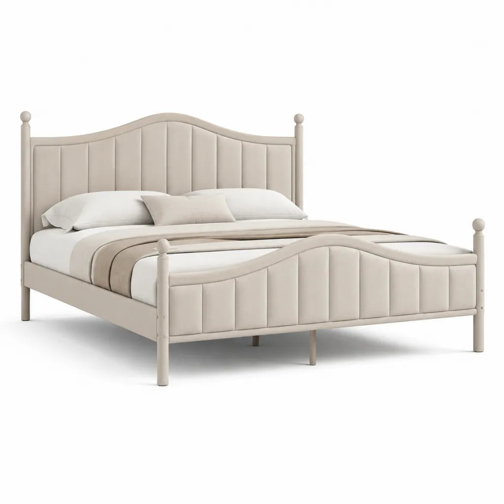 Polsterbett Bettgestell 160 x 200 cm aus Polyester in Creme mit geschwungenem Kopfteil