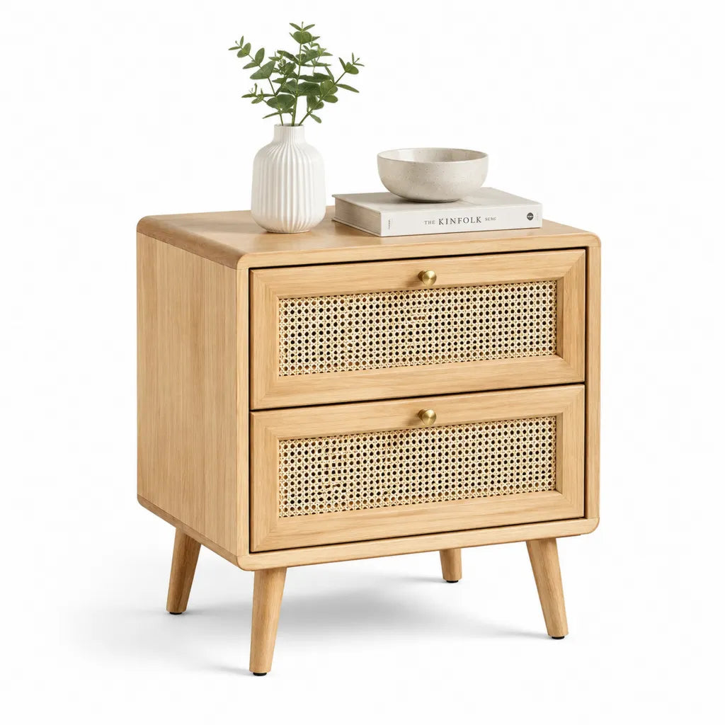 Nachttisch mit 2 Schubladen aus Eichenholz und Rattan rechteckig natur 50 x 40 x 60 cm