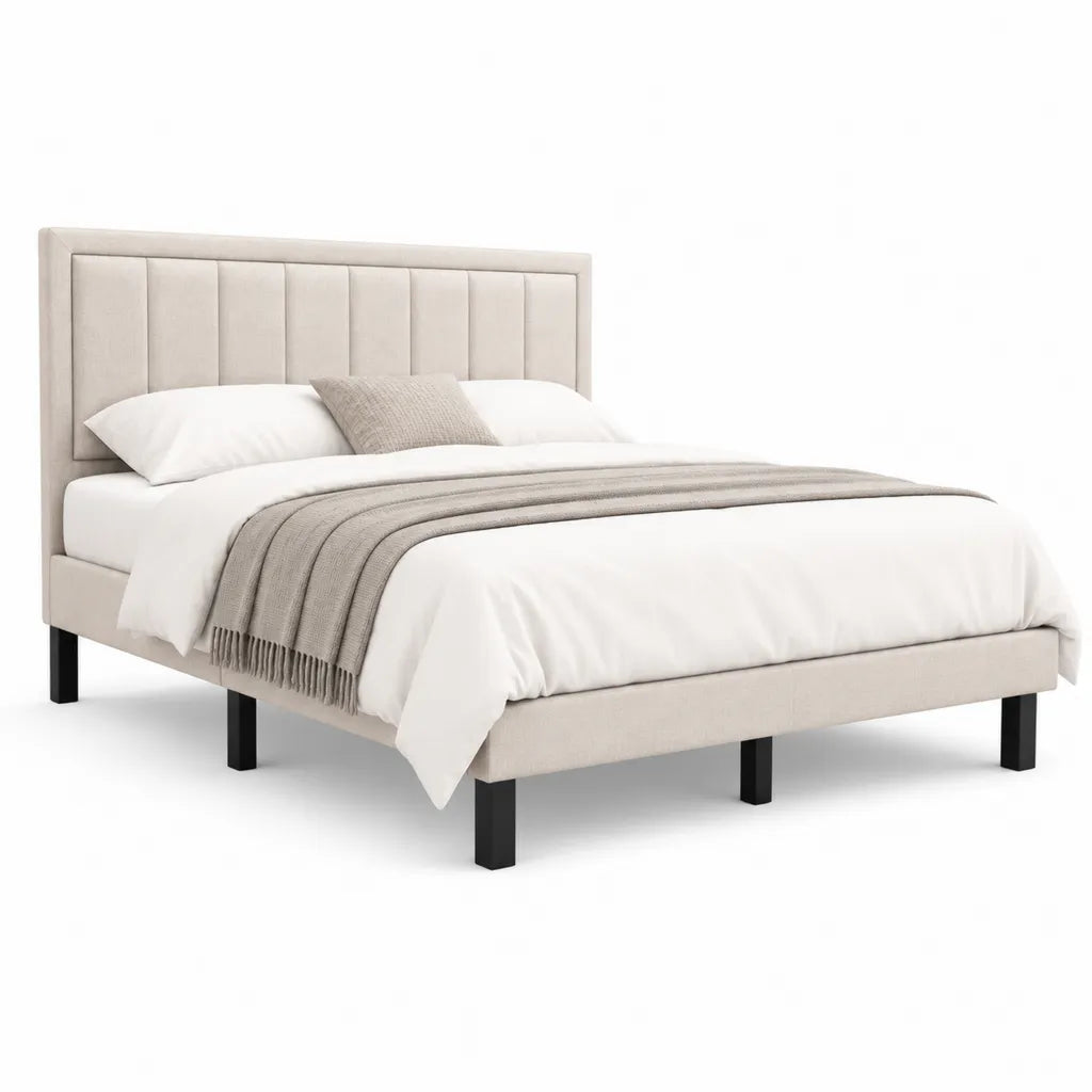 Polsterbett Bettgestell 160 x 200 cm Polyester Beige Rechteckig mit schwarzen Stahlbeinen