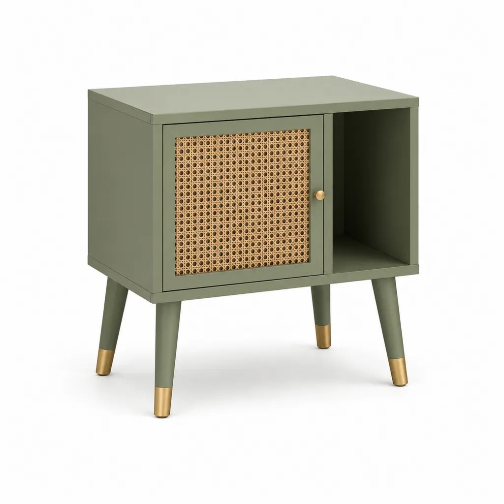 Nachttisch mit Tur und offenem Fach 50 x 40 x 60 cm MDF Rattangeflecht rechteckig olivgrun